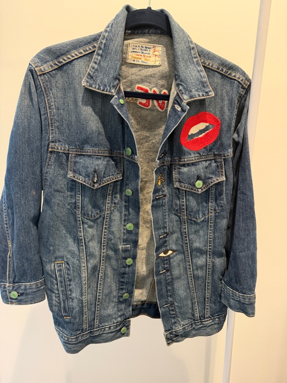 Oversized Embroidered Blue Denim Jean Jacket with Red Lip Patch